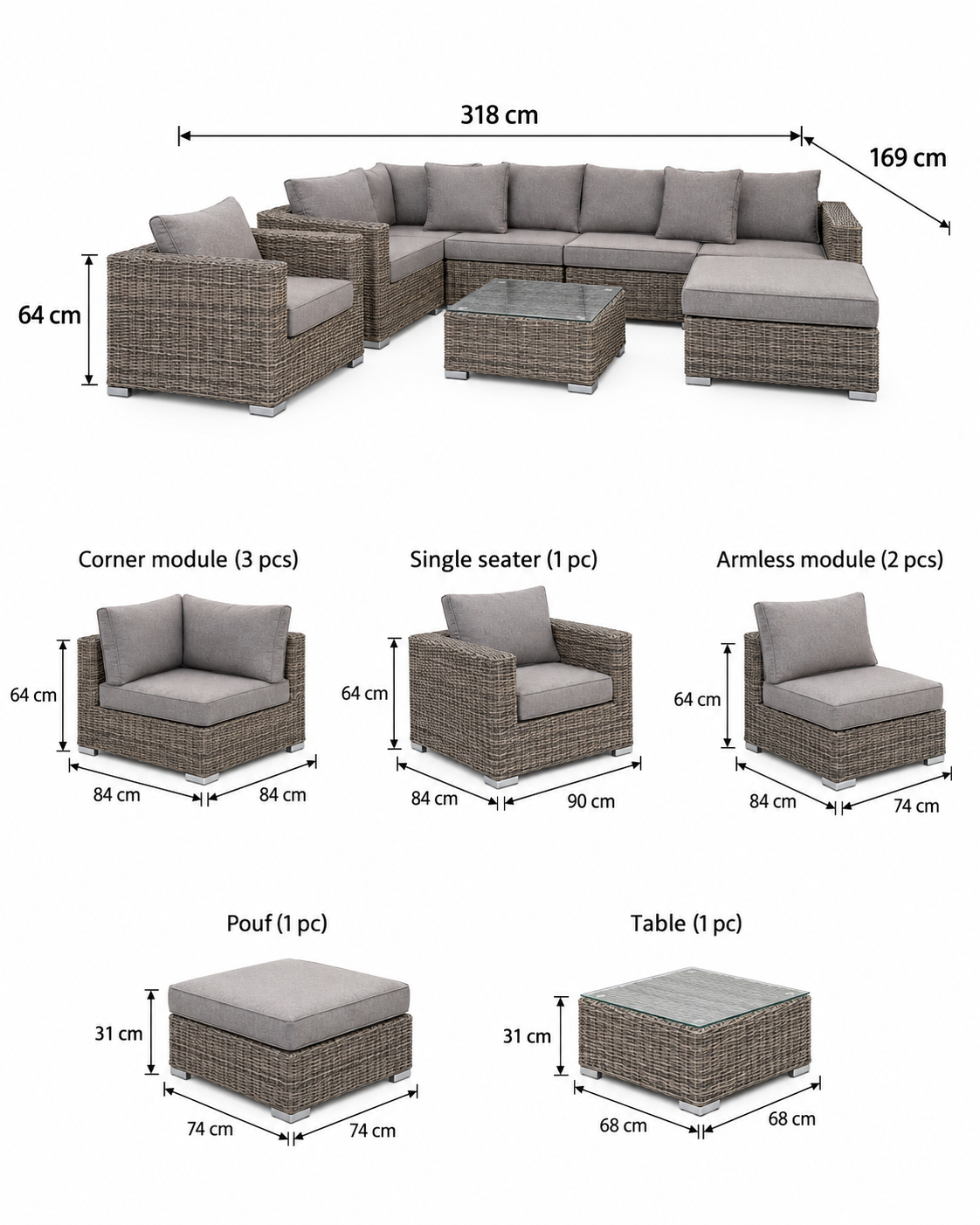 Calvi Lounge-Set – Polyrattan Kubu Grau inkl. Kissen