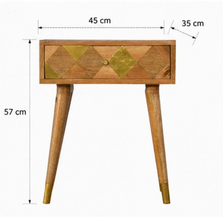 1 Drawer Gold Brass Bedside – Massivholz-Nachttisch mit Messingintarsien