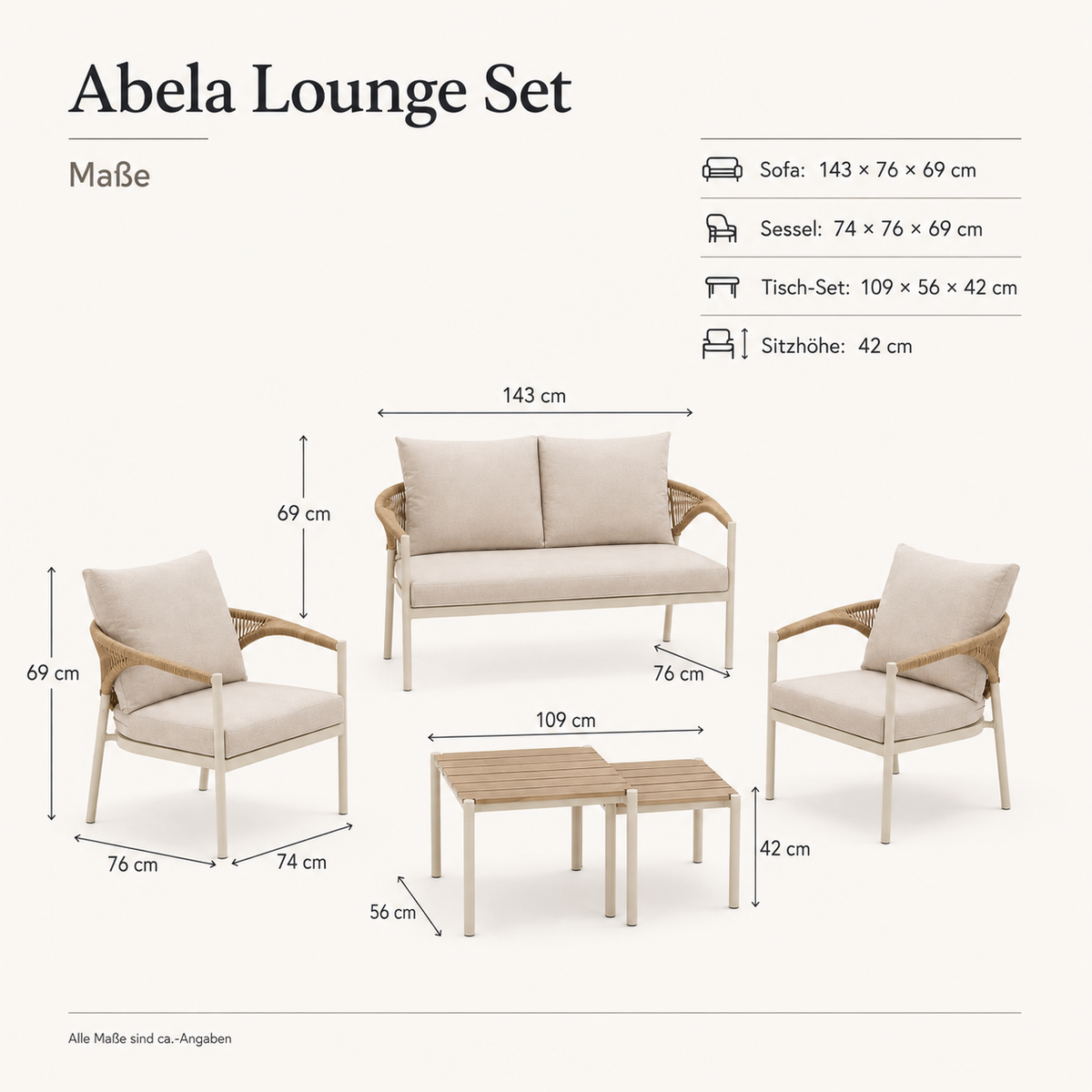 Abela Lounge Set – 5-teilig | Sand / Natur | Outdoor Lounge