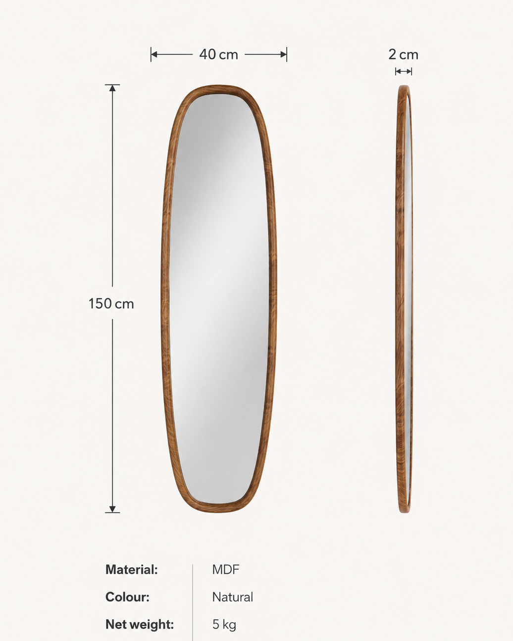 Luxon Ganzkörperspiegel – Holzoptik | 40 × 150 cm