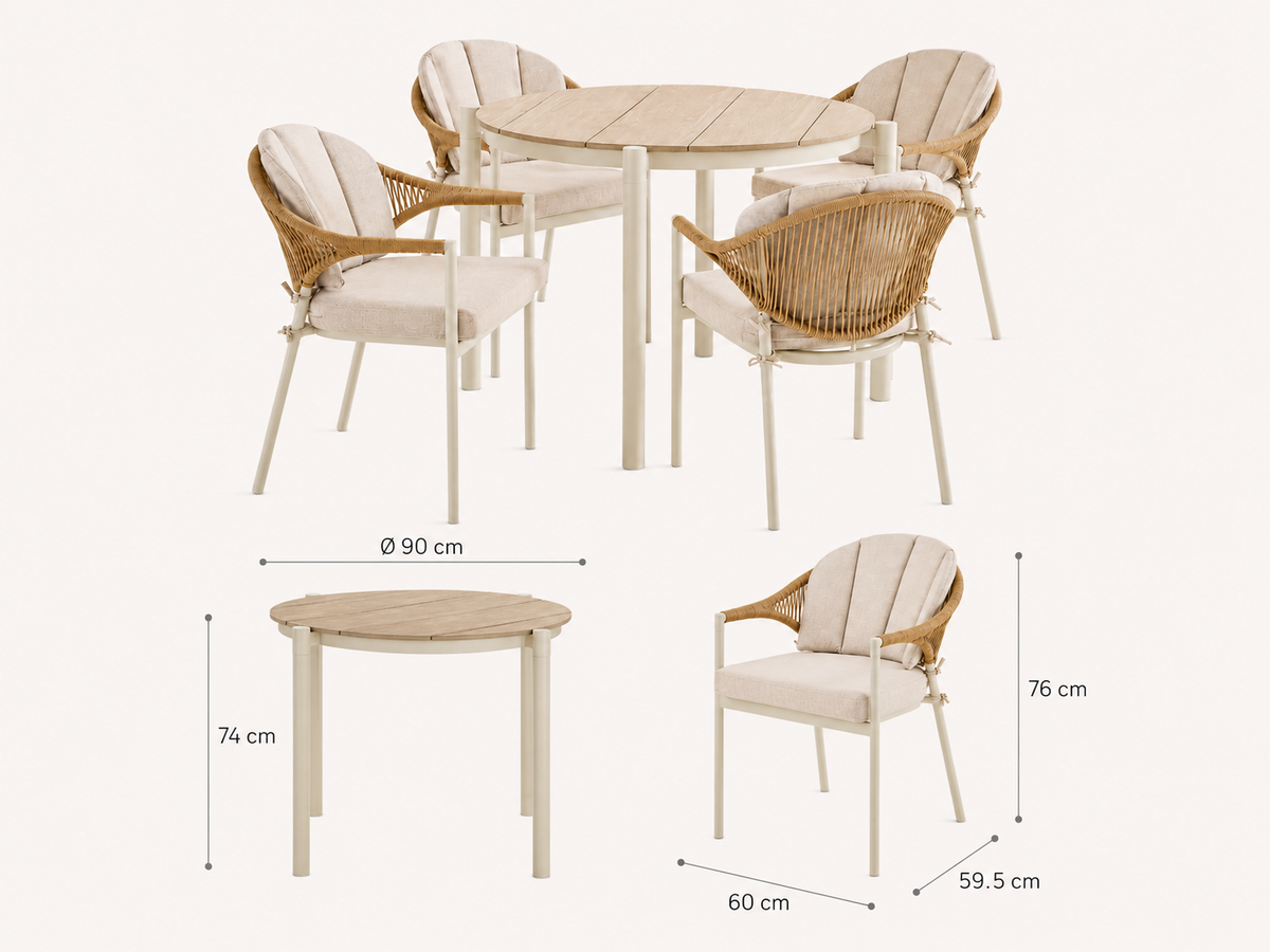 Abela Garten-Essgruppe – 5-teilig | Runder Tisch + 4 Stühle | Sand / Natur