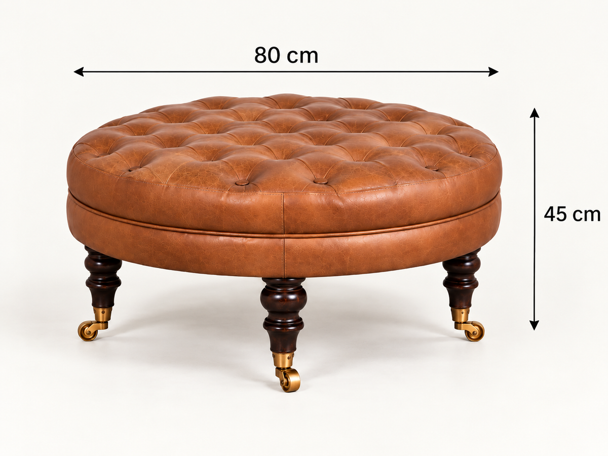 Runder Buffalo-Leder Ottoman mit Rollenfüßen – Braun