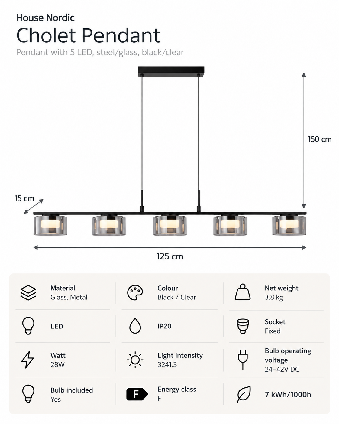Cholet LED Pendelleuchte – 5-flammig – Stahl & Glas – Schwarz/Klar