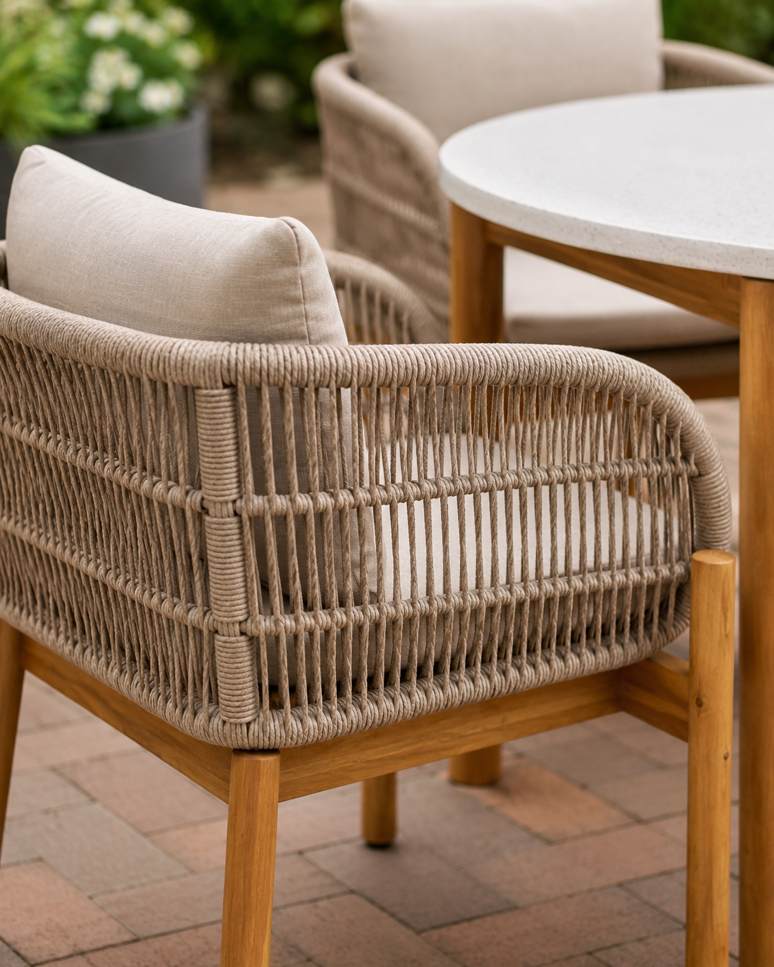 Terracina Garten-Essgruppe – Runder Gartentisch mit 4 Stühlen | Braun / Beige