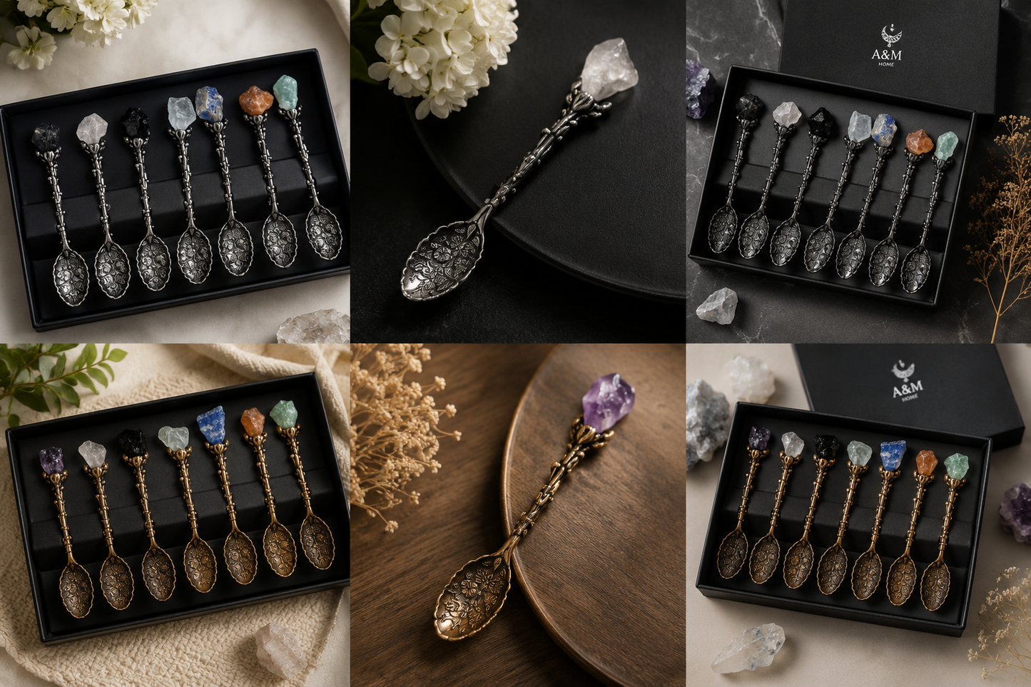 Echte Edelstein-Löffel Set – Silber & Bronze
