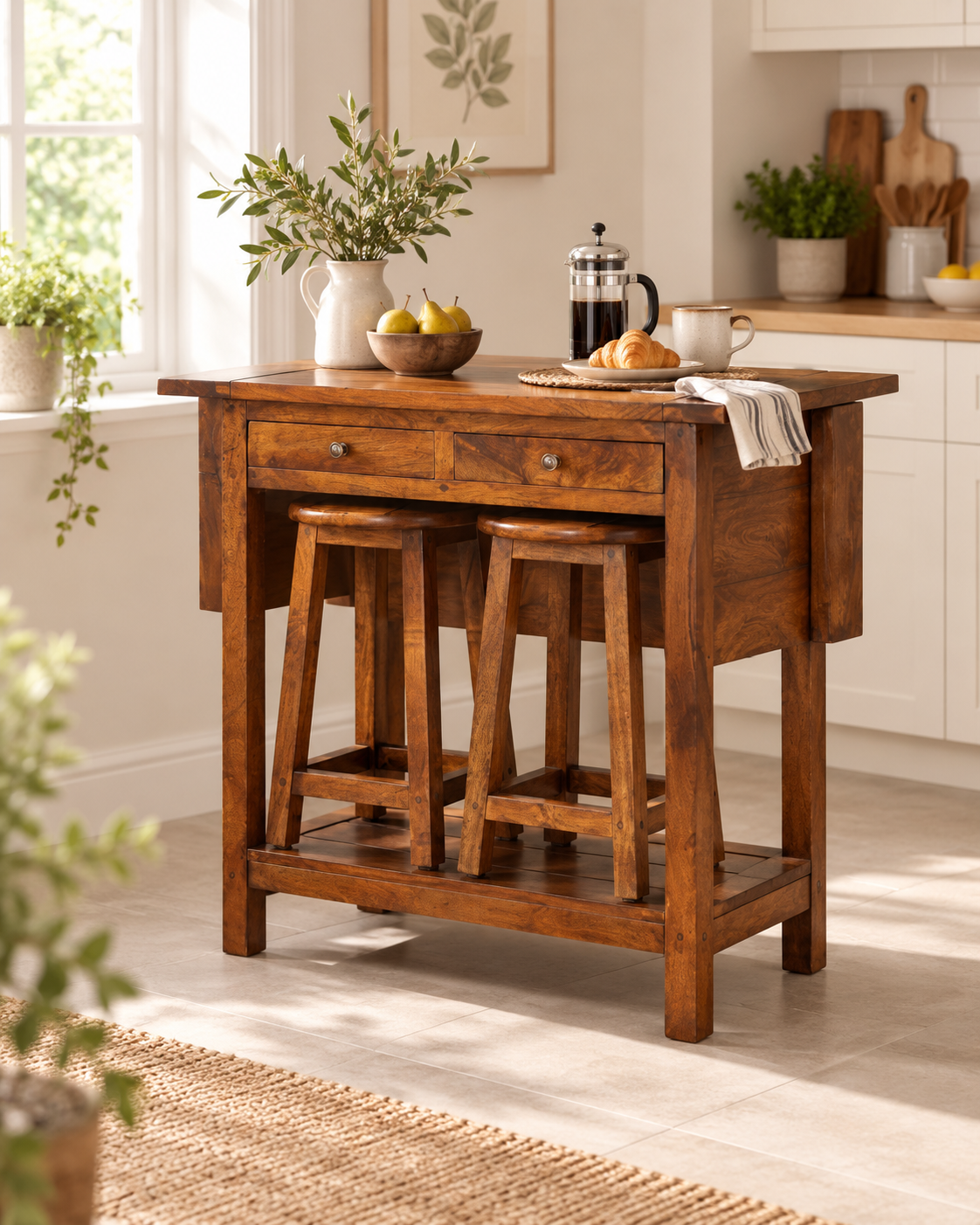 Chestnut Frühstückstisch-Set mit 2 Hockern - 100% Mangoholz