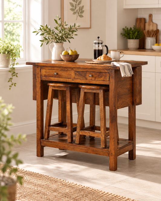 Chestnut Frühstückstisch-Set mit 2 Hockern - 100% Mangoholz