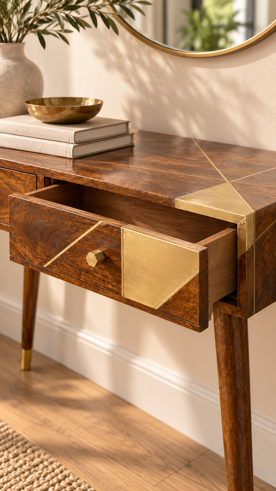 Gold Geo Chestnut Konsolentisch - 100% Massiv Mangoholz & Messing