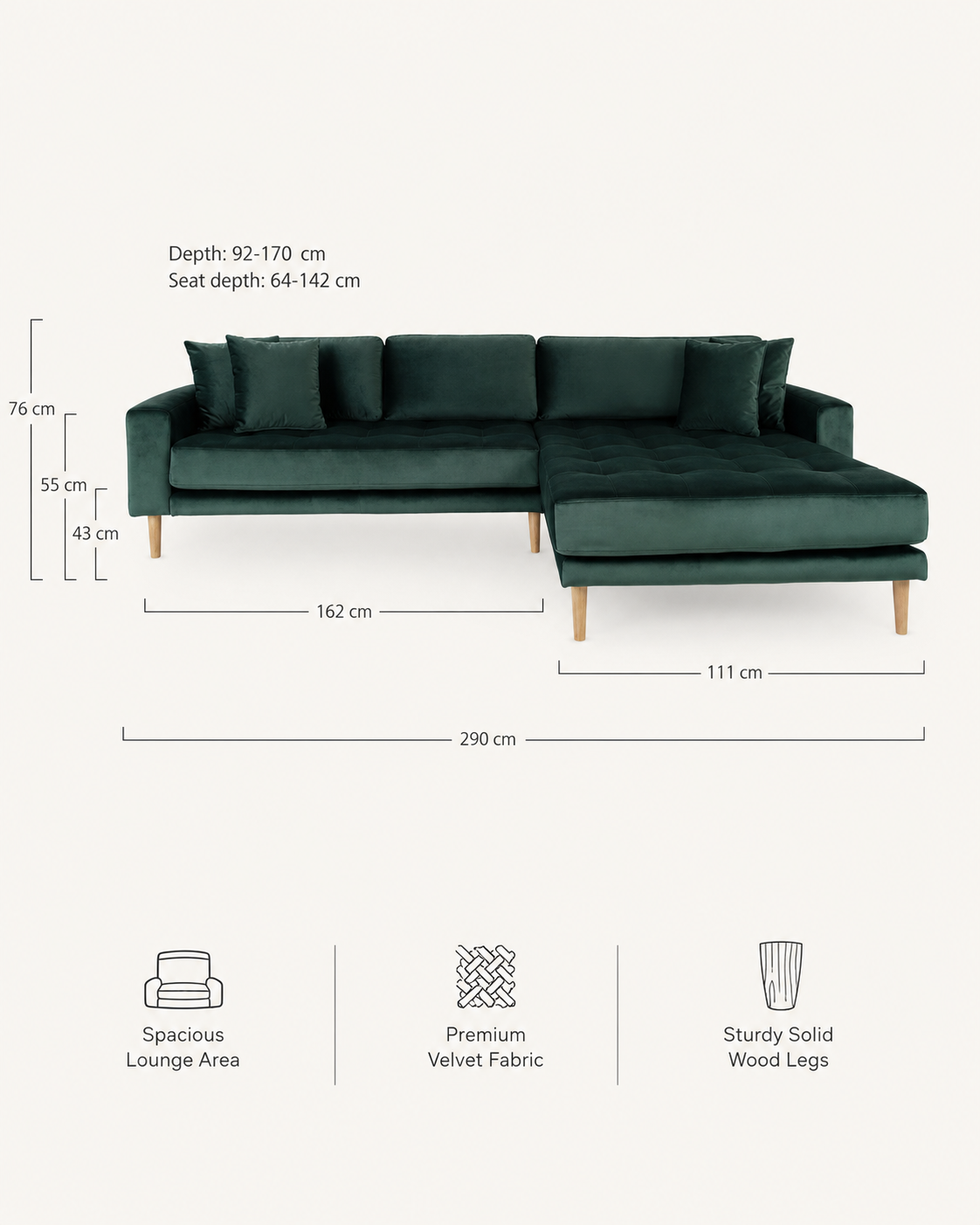 LIDO Lounge Sofa Dunkelgrün – Samt – Longchair rechts