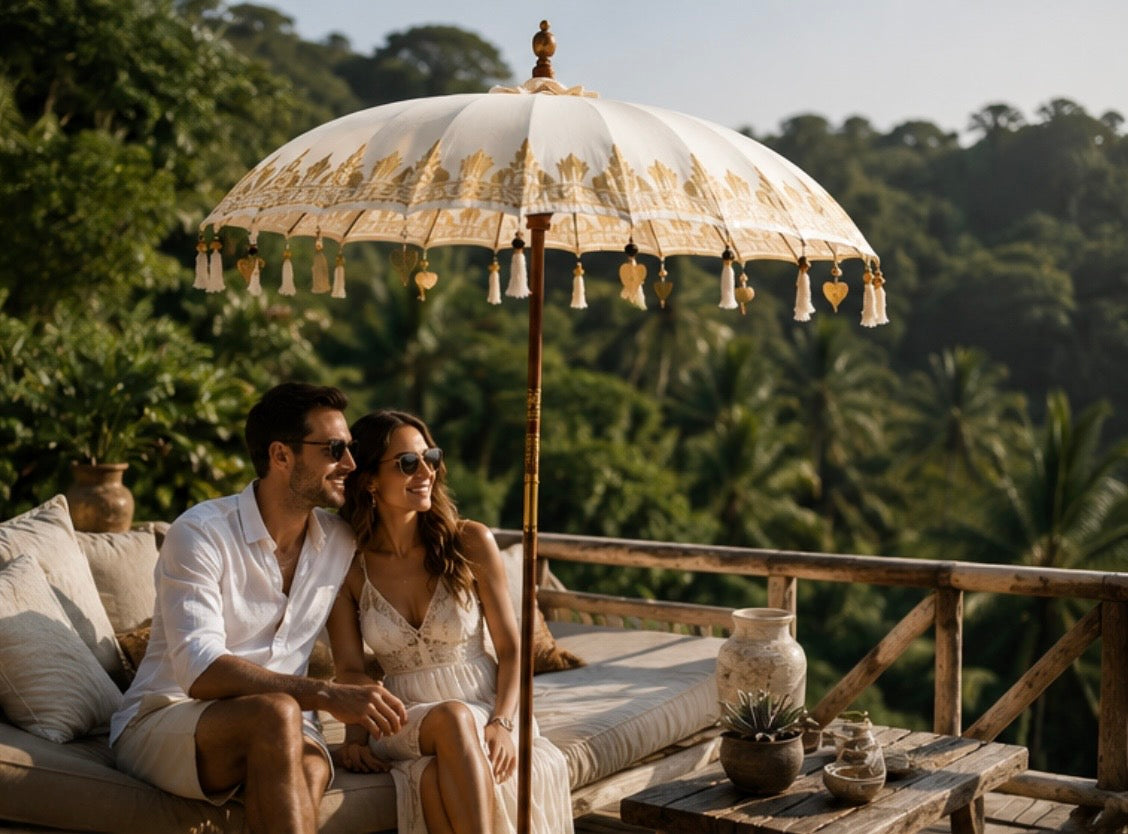 Bali-Terrassenschirm Baumwolle Weiß-Gold (2 m)