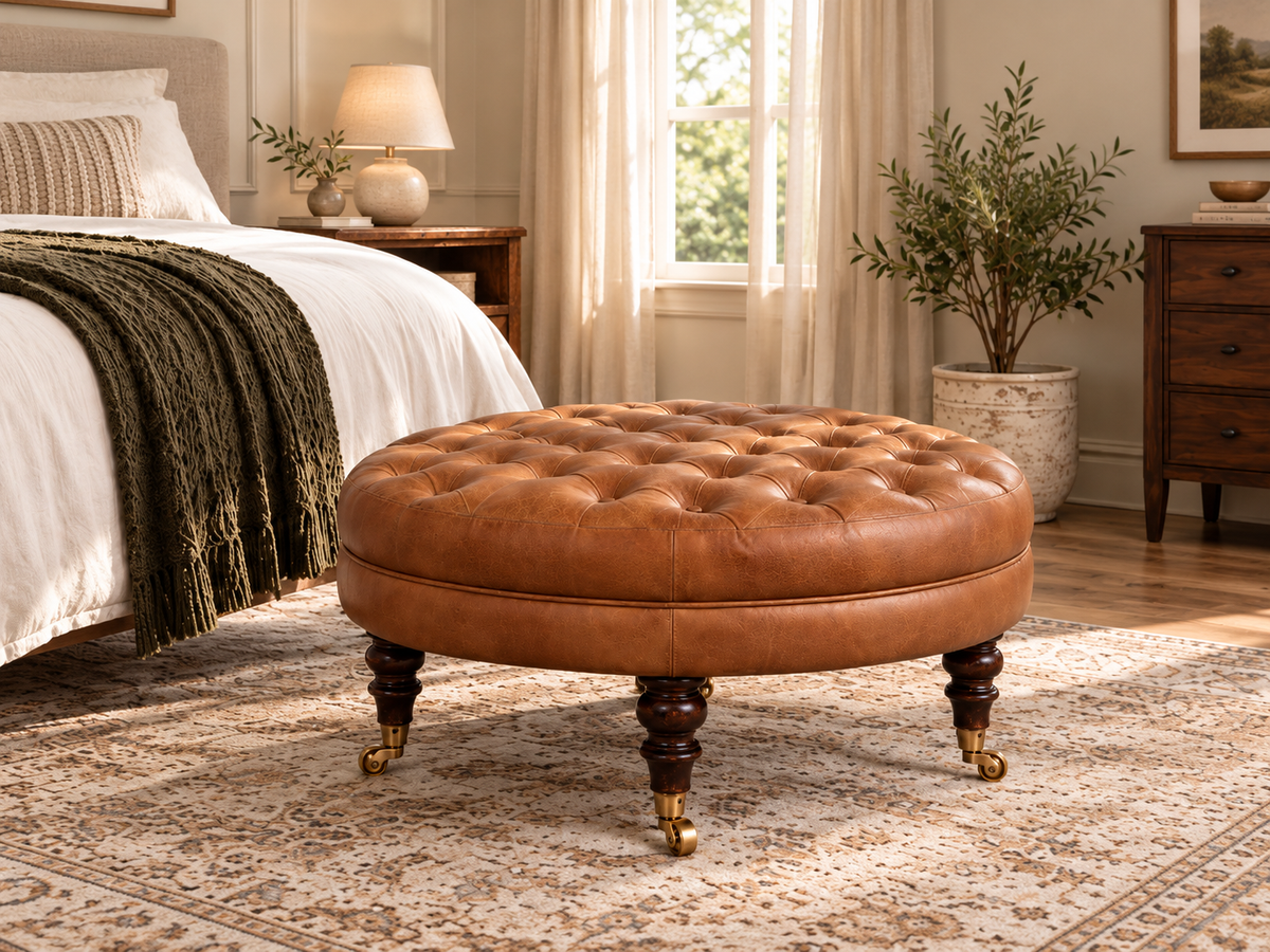 Runder Buffalo-Leder Ottoman mit Rollenfüßen – Braun