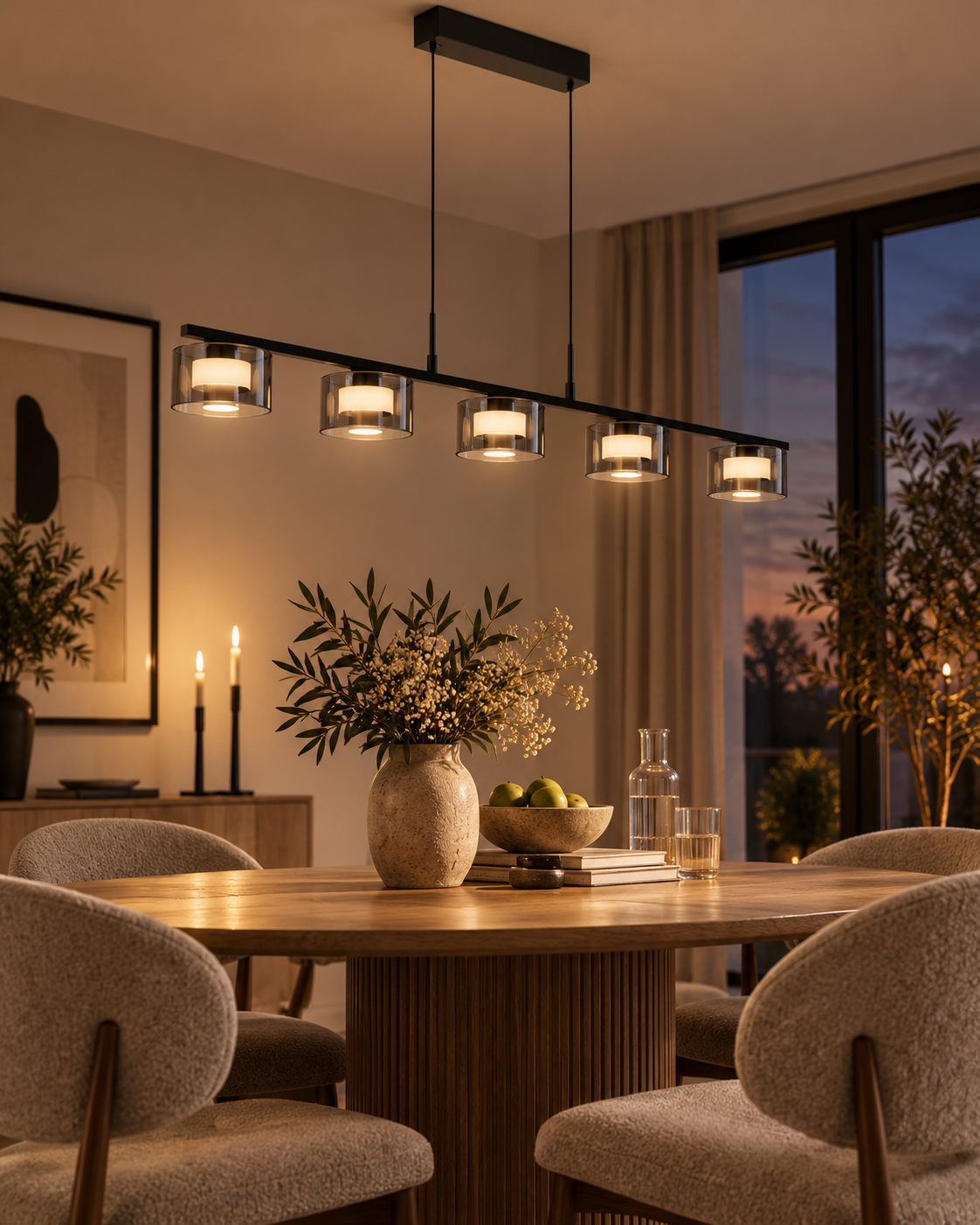 Cholet LED Pendelleuchte – 5-flammig – Stahl & Glas – Schwarz/Klar