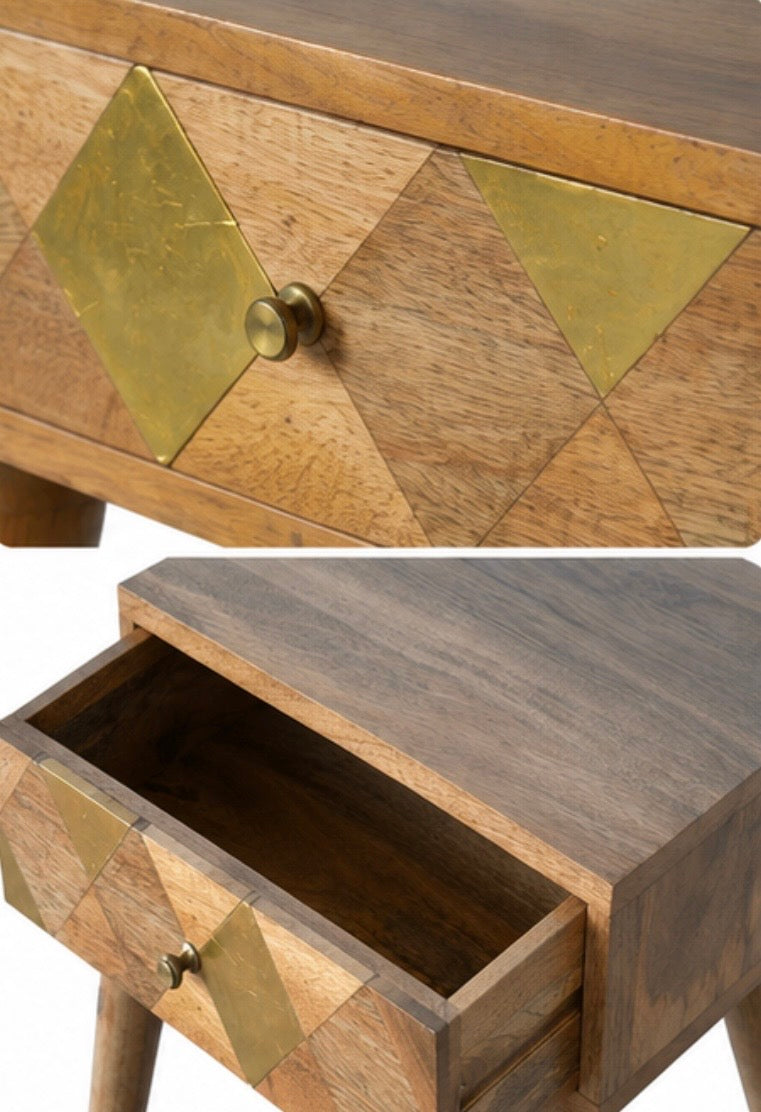 1 Drawer Gold Brass Bedside – Massivholz-Nachttisch mit Messingintarsien