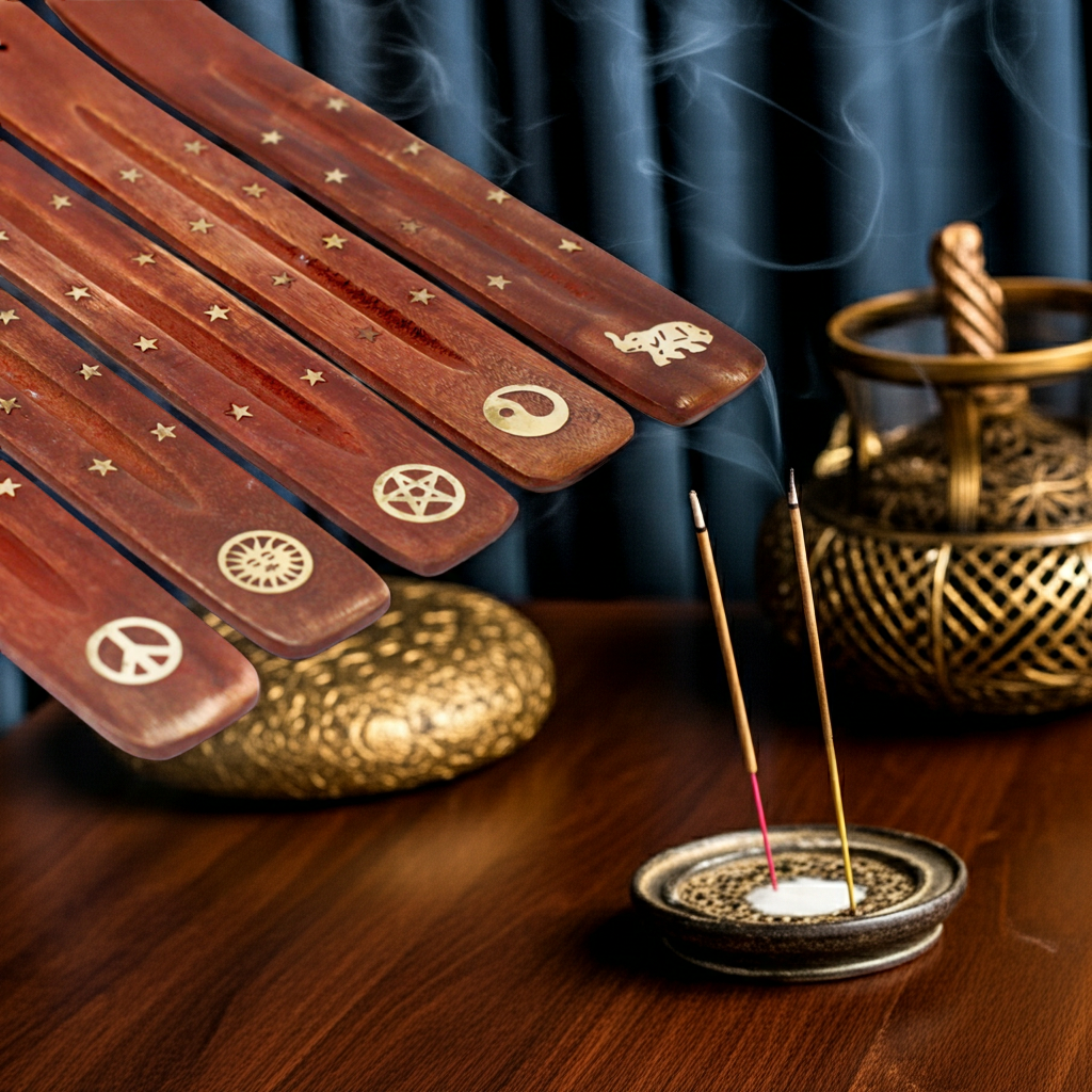 Handgefertigter Räucherstäbchenhalter aus Mangoholz mit Messing-Symbolen – Spiritueller Aschefänger (Indien)