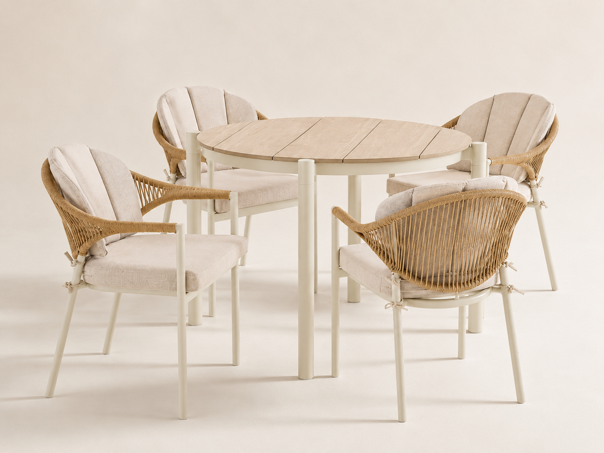 Abela Garten-Essgruppe – 5-teilig | Runder Tisch + 4 Stühle | Sand / Natur