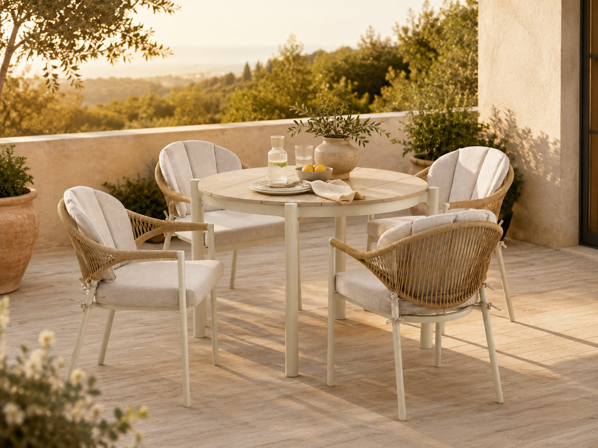 Abela Garten-Essgruppe – 5-teilig | Runder Tisch + 4 Stühle | Sand / Natur