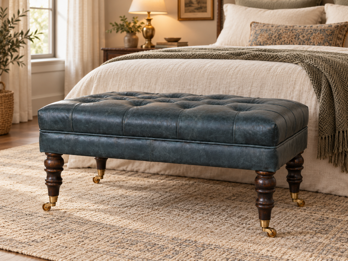 Teal Büffelleder-Ottoman mit gedrechselten Holzbeinen und Messingrollen - 100% Mangoholz