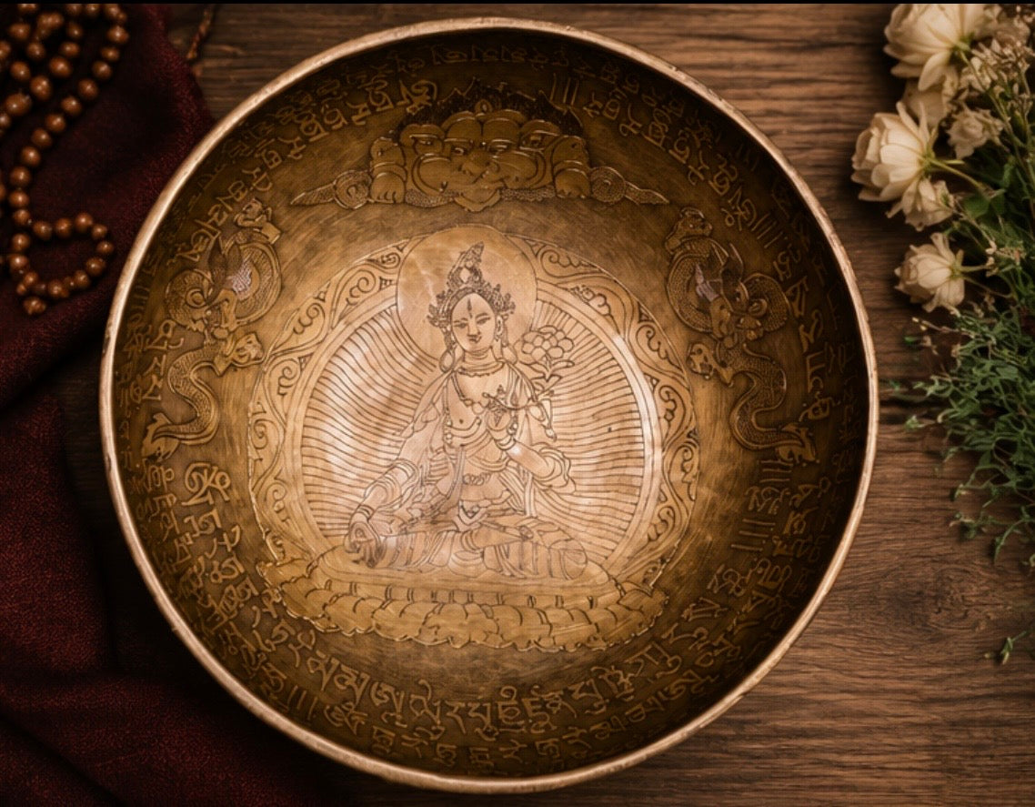 Tara Buddha Healing Klangschale – 25–27 cm - handgemacht aus Nepal