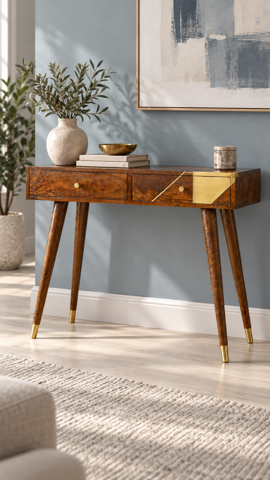 Gold Geo Chestnut Konsolentisch - 100% Massiv Mangoholz & Messing