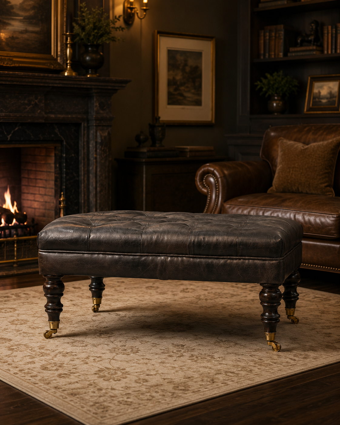Buffalo Ash Black Leather Ottoman – Büffelleder & Massivholz mit Rollen