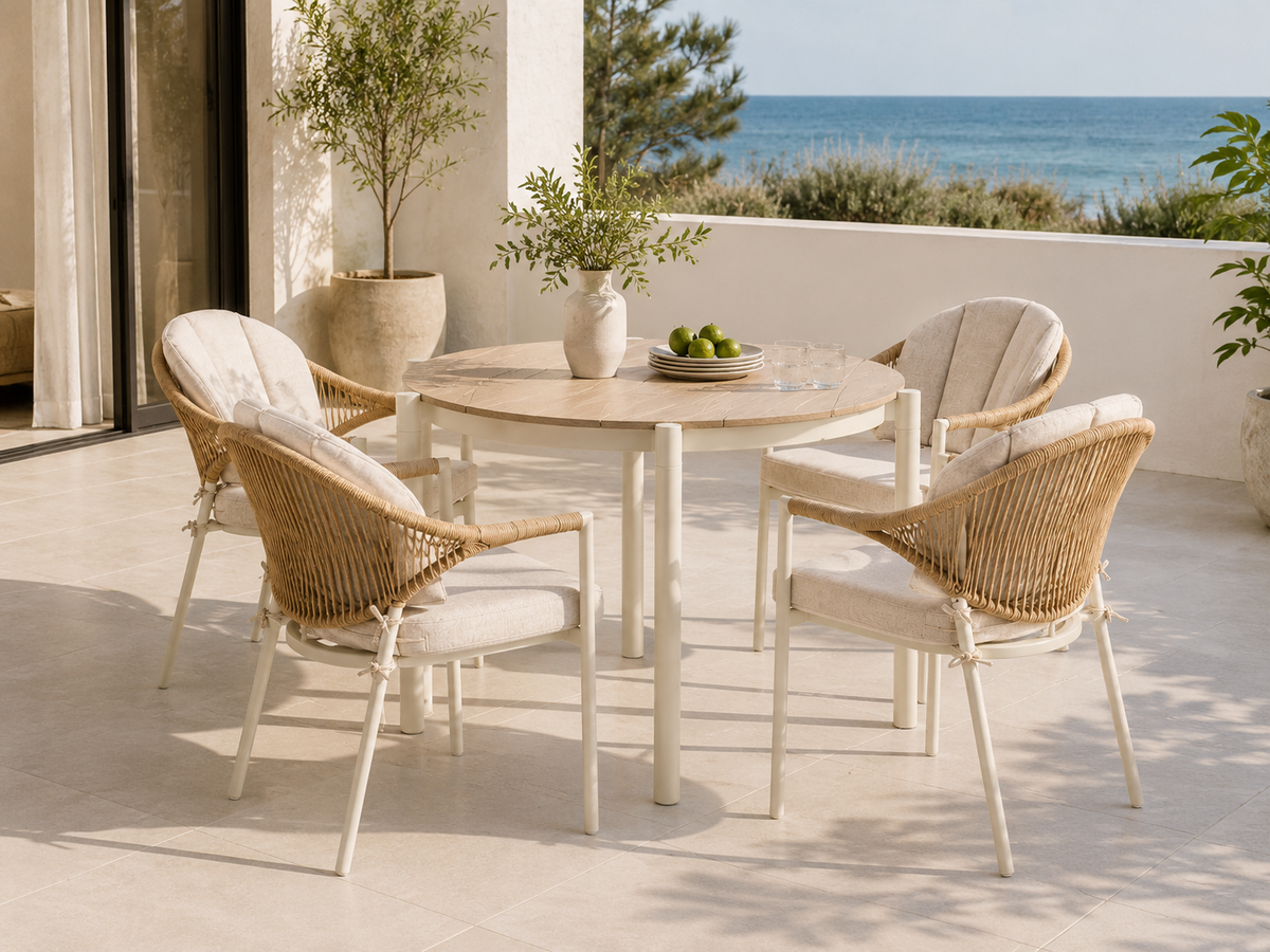 Abela Garten-Essgruppe – 5-teilig | Runder Tisch + 4 Stühle | Sand / Natur