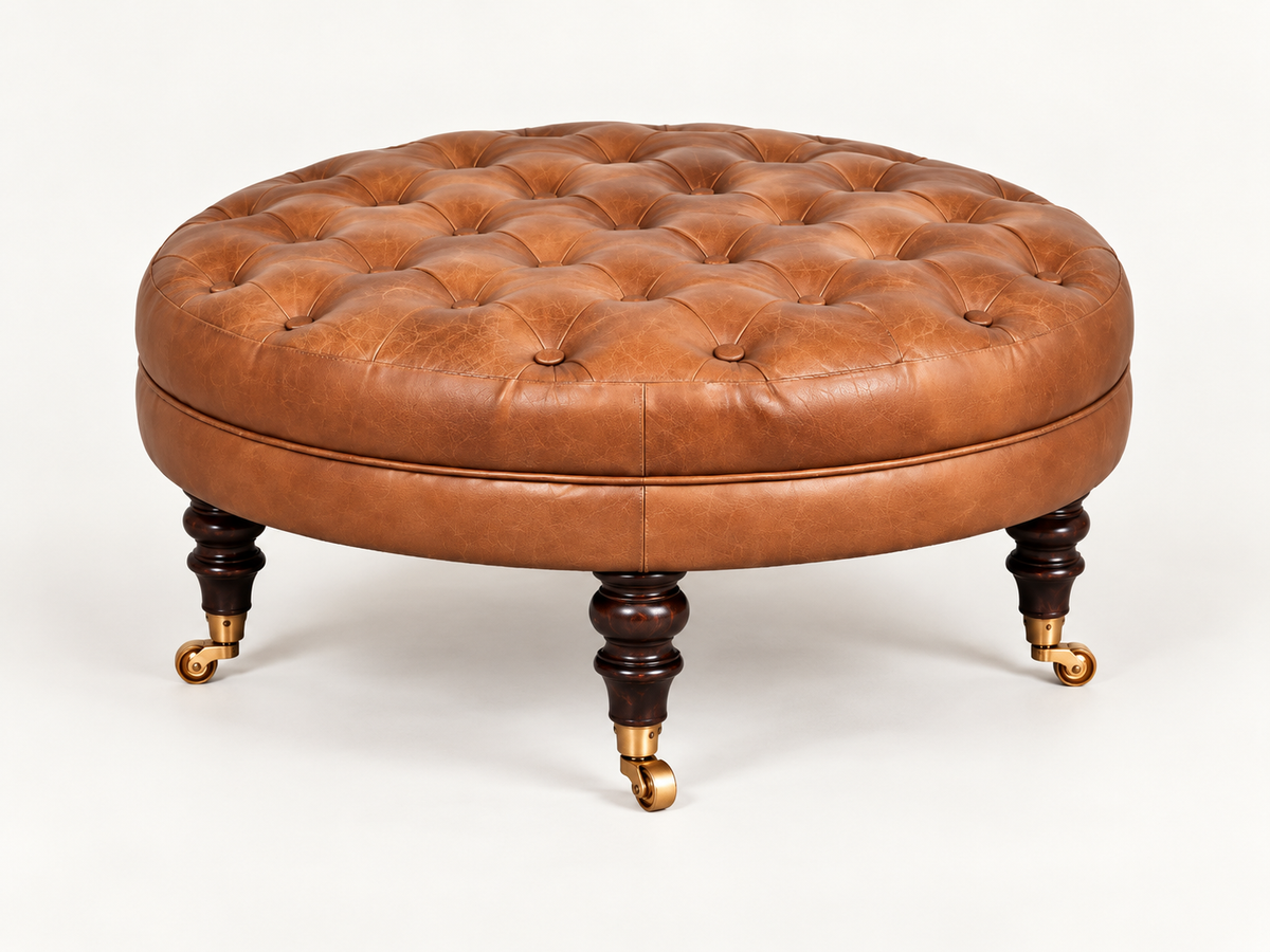 Runder Buffalo-Leder Ottoman mit Rollenfüßen – Braun
