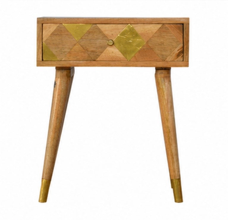 1 Drawer Gold Brass Bedside – Massivholz-Nachttisch mit Messingintarsien