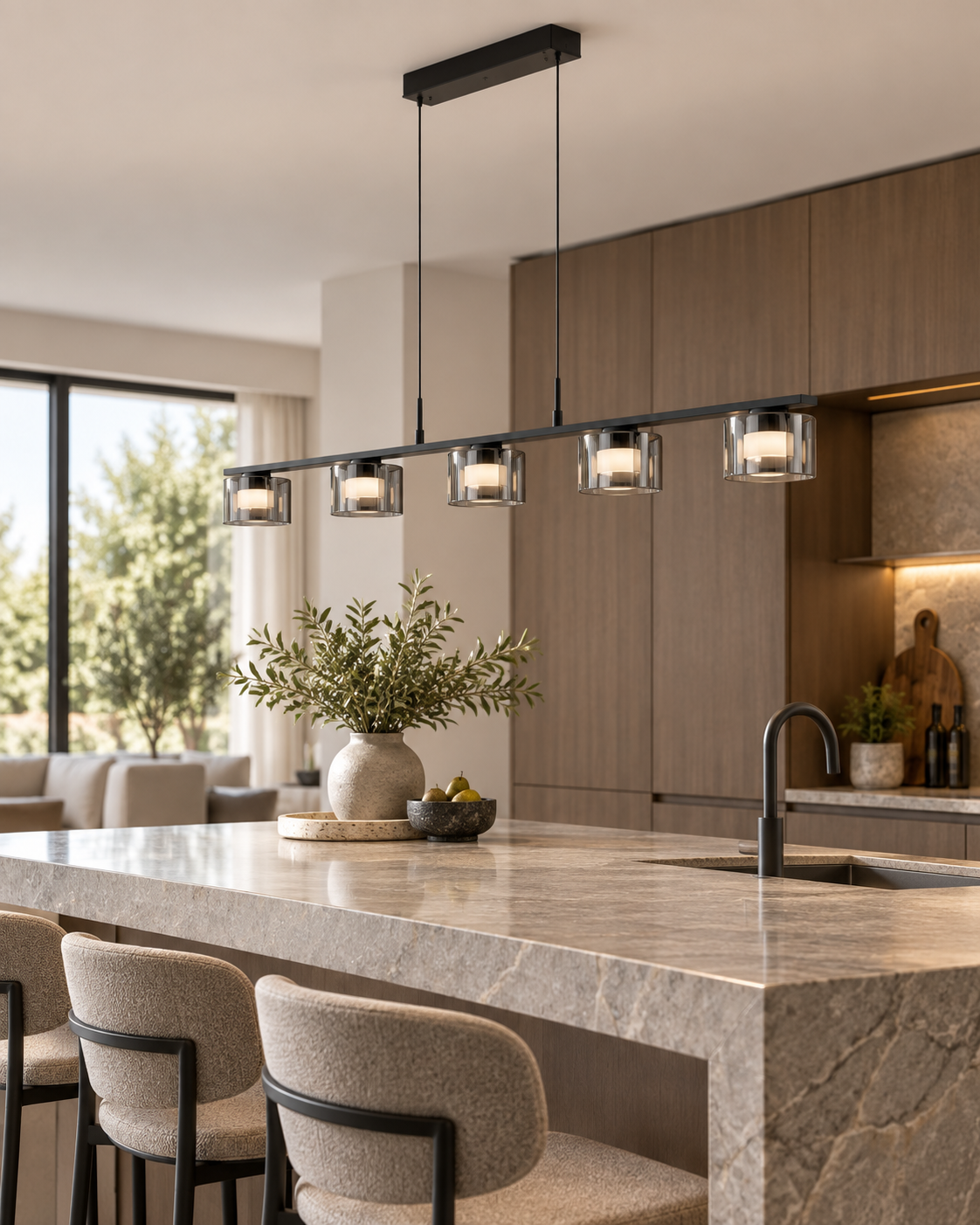 Cholet LED Pendelleuchte – 5-flammig – Stahl & Glas – Schwarz/Klar