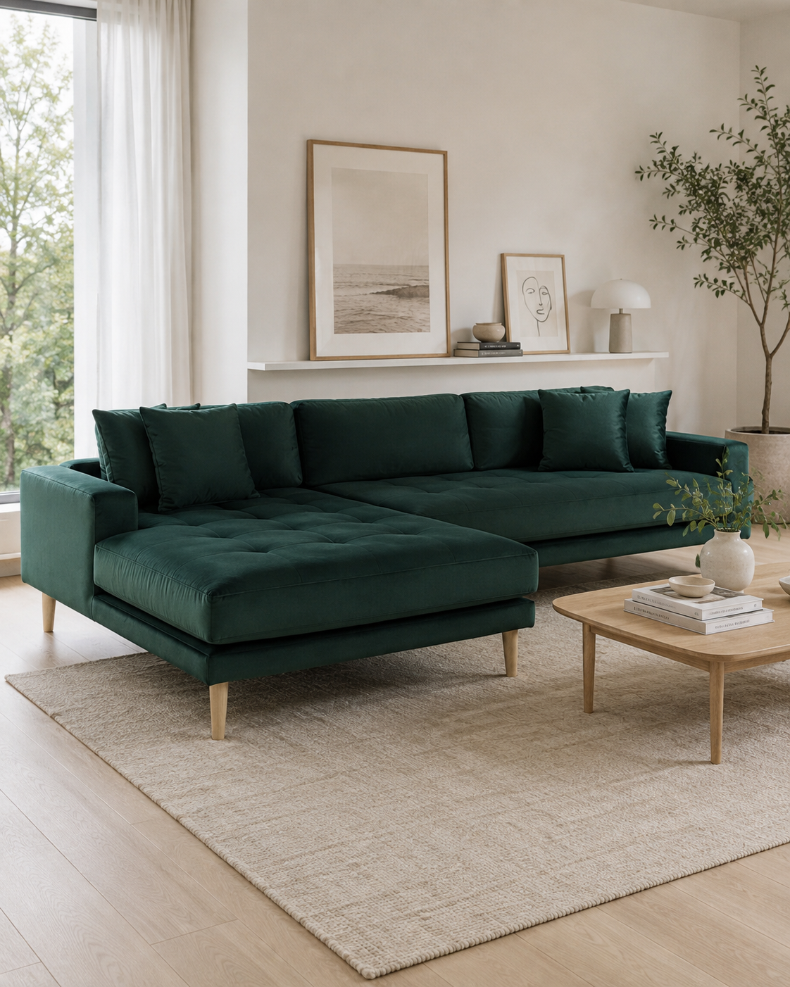 LIDO Lounge Sofa Dunkelgrün – Samt – Longchair links