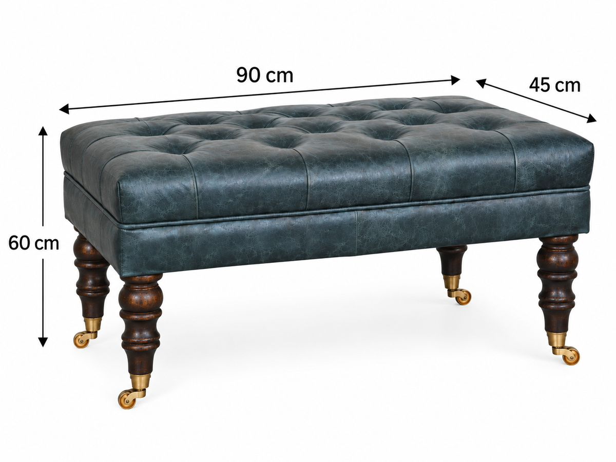 Teal Büffelleder-Ottoman mit gedrechselten Holzbeinen und Messingrollen - 100% Mangoholz