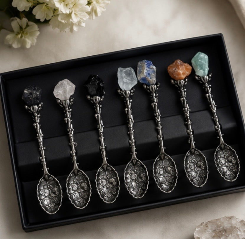 Echte Edelstein-Löffel Set – Silber & Bronze