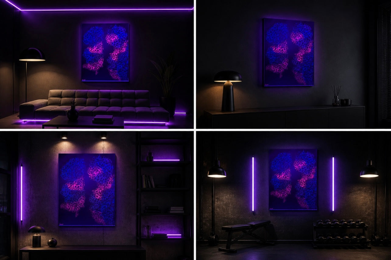 Original Kunstwerk-Genesis – Acryl & Neon auf Leinwand - by Daisy Art Czeczor - zusätzlich eine Schwarzlicht Lampe - Räucherstäbchen & Halter - Aroma Duftkerze