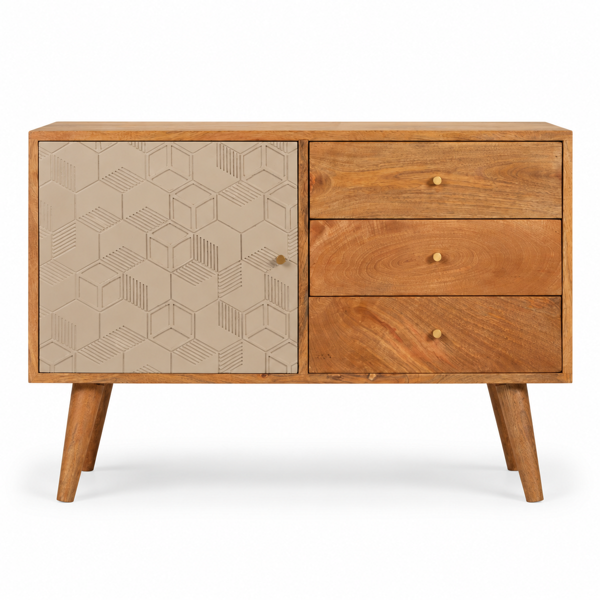 Acadia Sideboard aus massivem Mangoholz – Champagne Cube Design