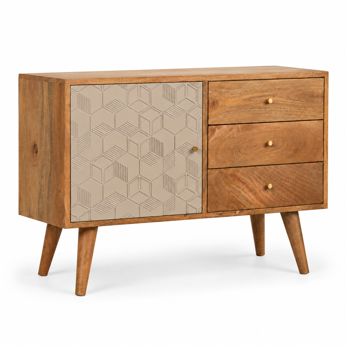 Acadia Sideboard aus massivem Mangoholz – Champagne Cube Design