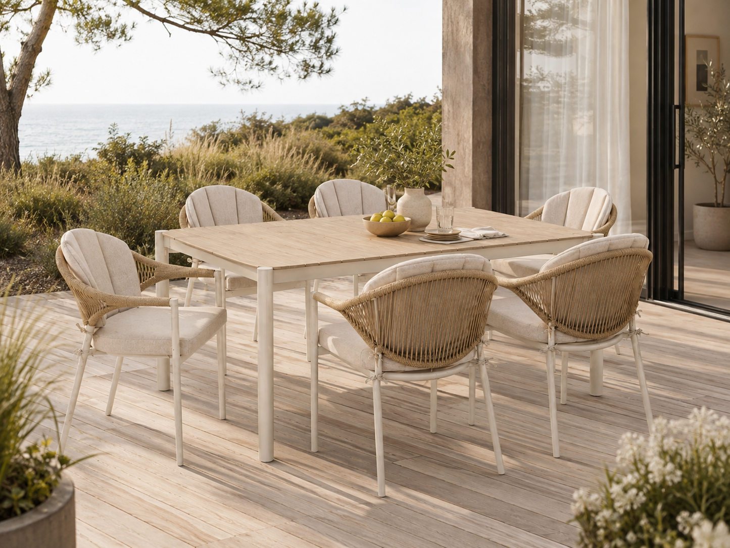 Abela Garten-Essgruppe – 7-teilig | Tisch + 6 Stühle | Sand / Natur