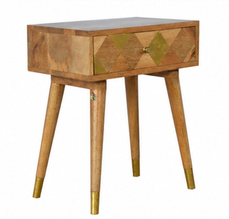 1 Drawer Gold Brass Bedside – Massivholz-Nachttisch mit Messingintarsien