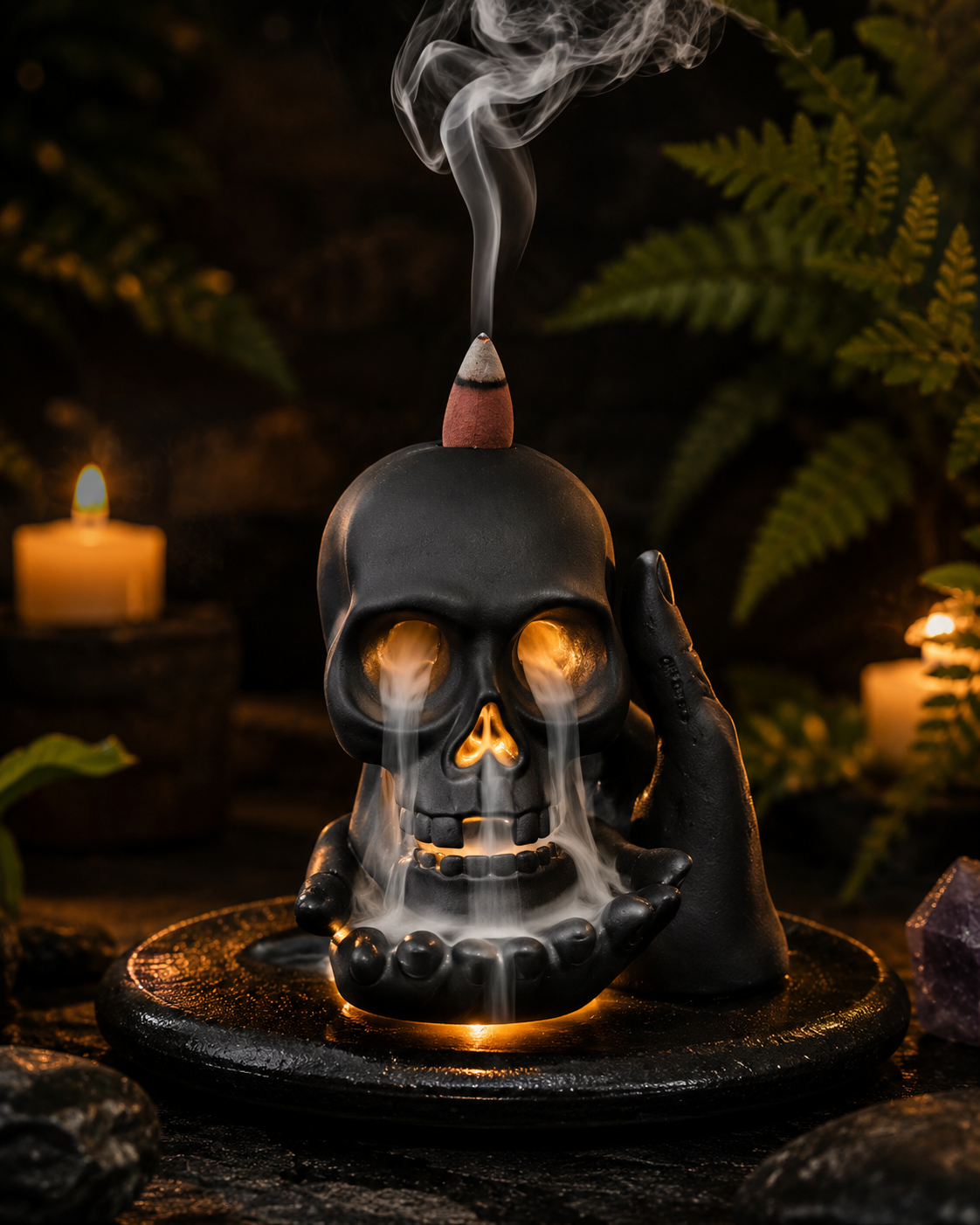 Rückfluss-Räuchergefäß „Weinender Totenkopf“ (mit Licht)