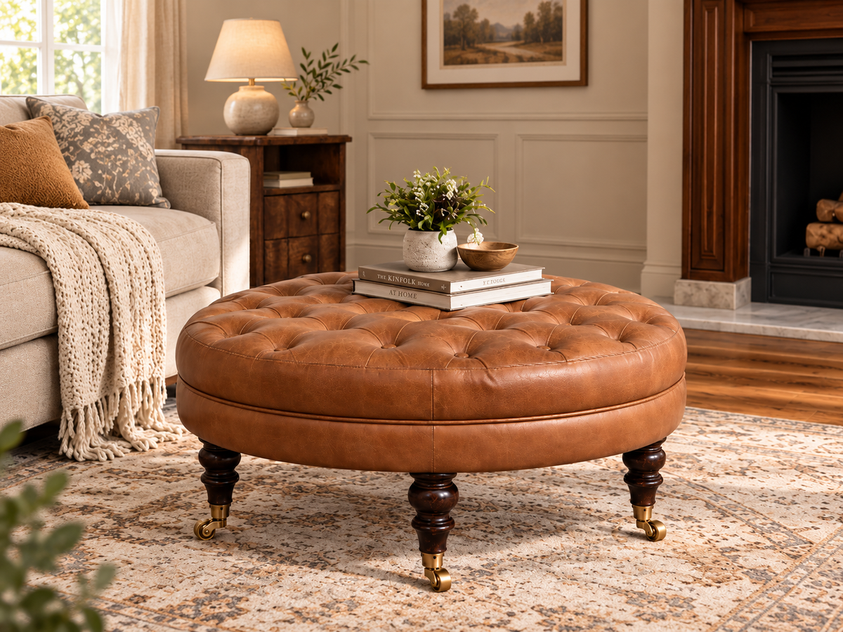 Runder Buffalo-Leder Ottoman mit Rollenfüßen – Braun