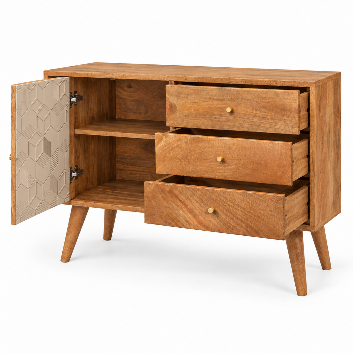 Acadia Sideboard aus massivem Mangoholz – Champagne Cube Design