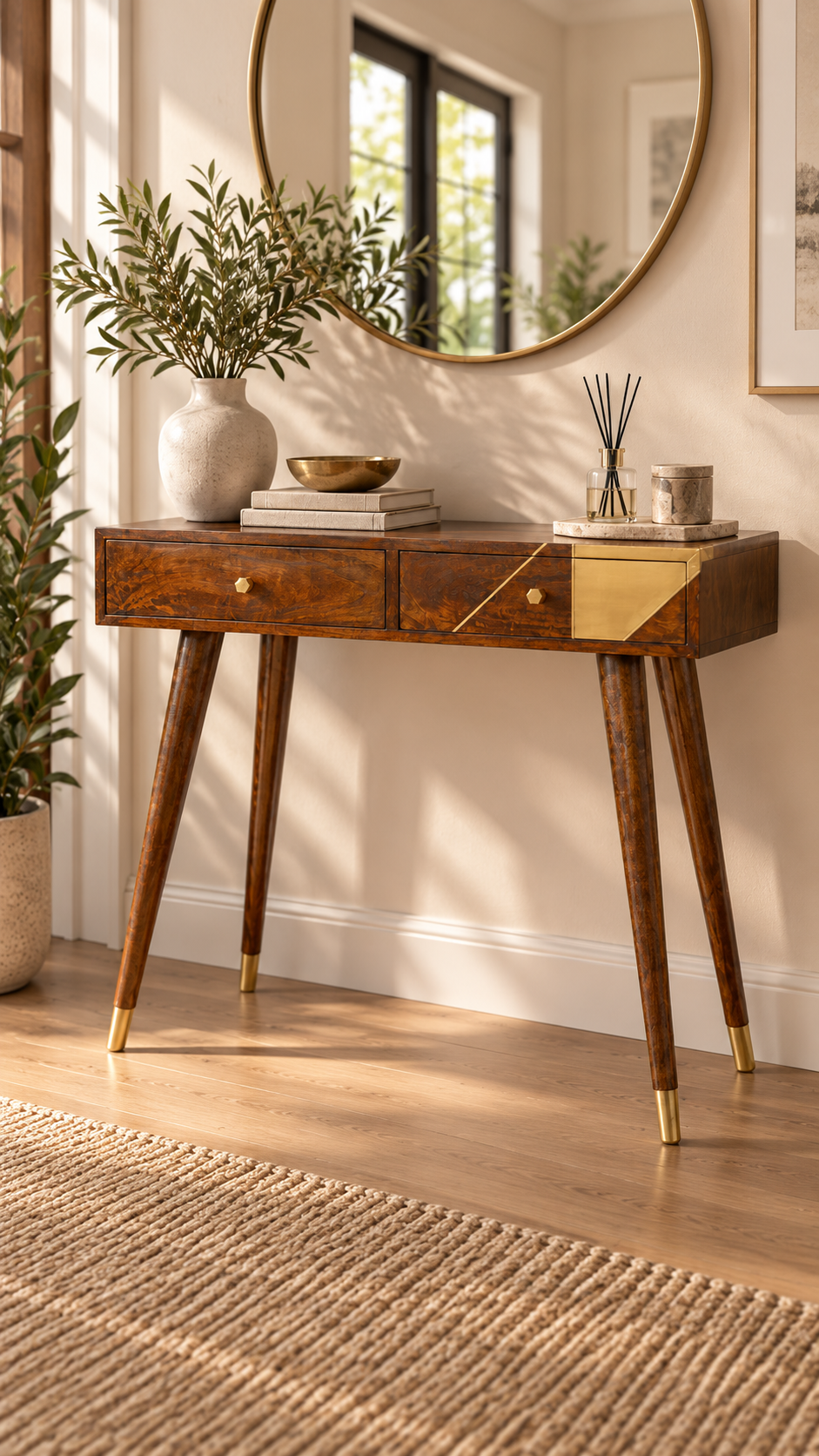 Gold Geo Chestnut Konsolentisch - 100% Massiv Mangoholz & Messing