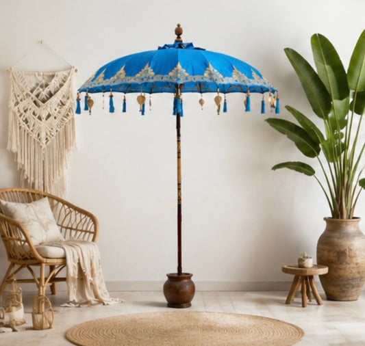Bali-Terrassenschirm Baumwolle Blau-Gold (2 m)