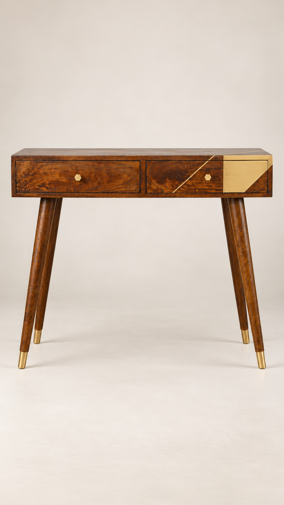 Gold Geo Chestnut Konsolentisch - 100% Massiv Mangoholz & Messing