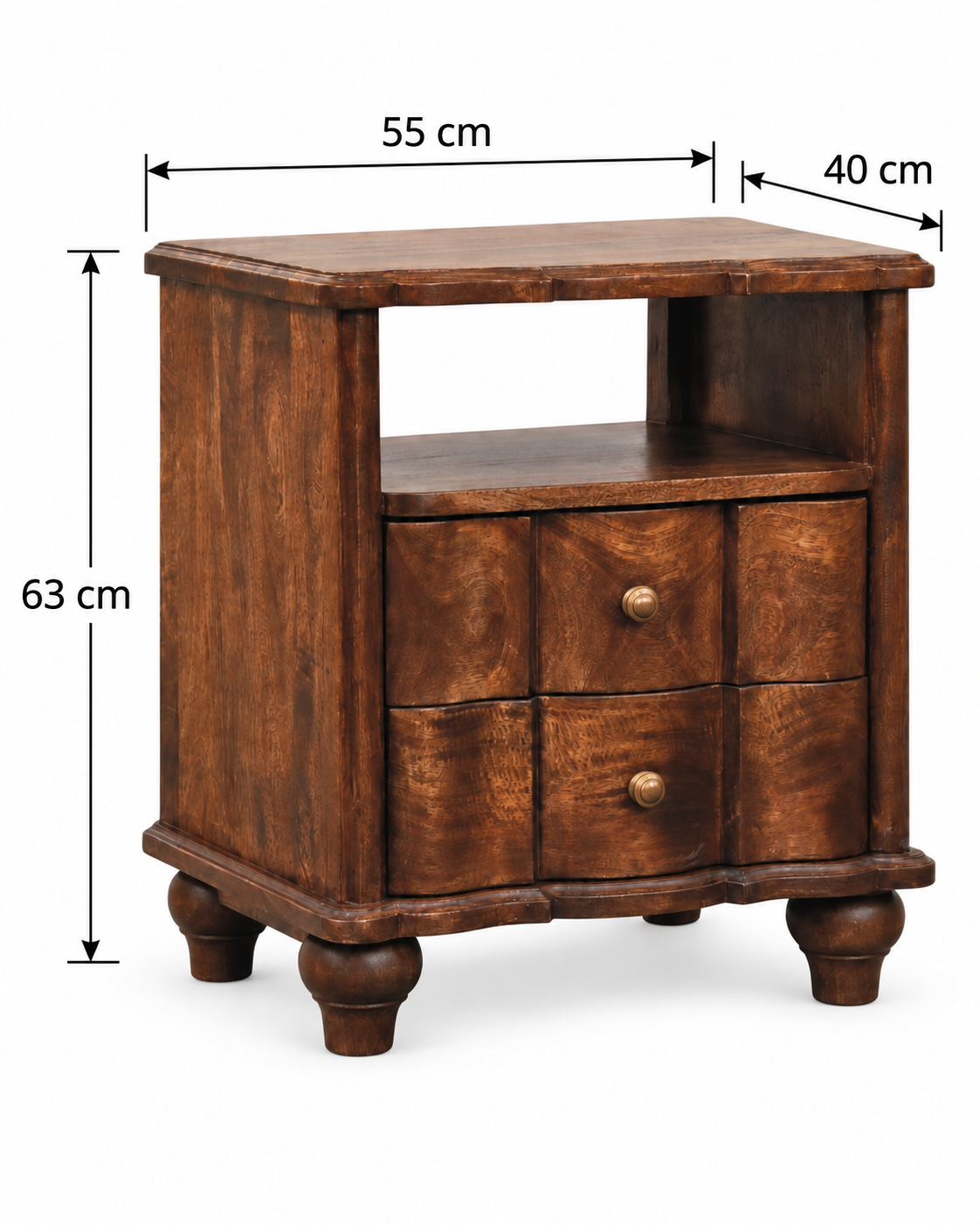 Lume Roasted Shelf Nachttisch – 2 Schubladen & offenes Fach - 100% Mangoholz