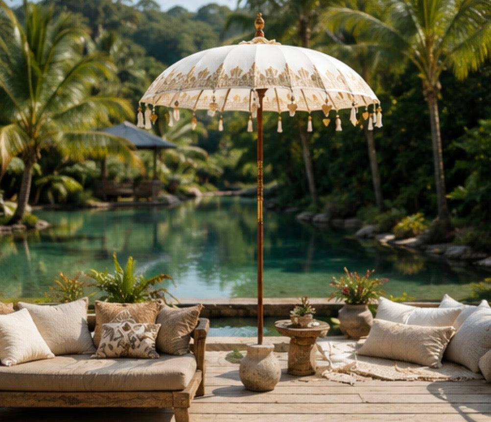 Bali-Terrassenschirm Baumwolle Weiß-Gold (2 m)