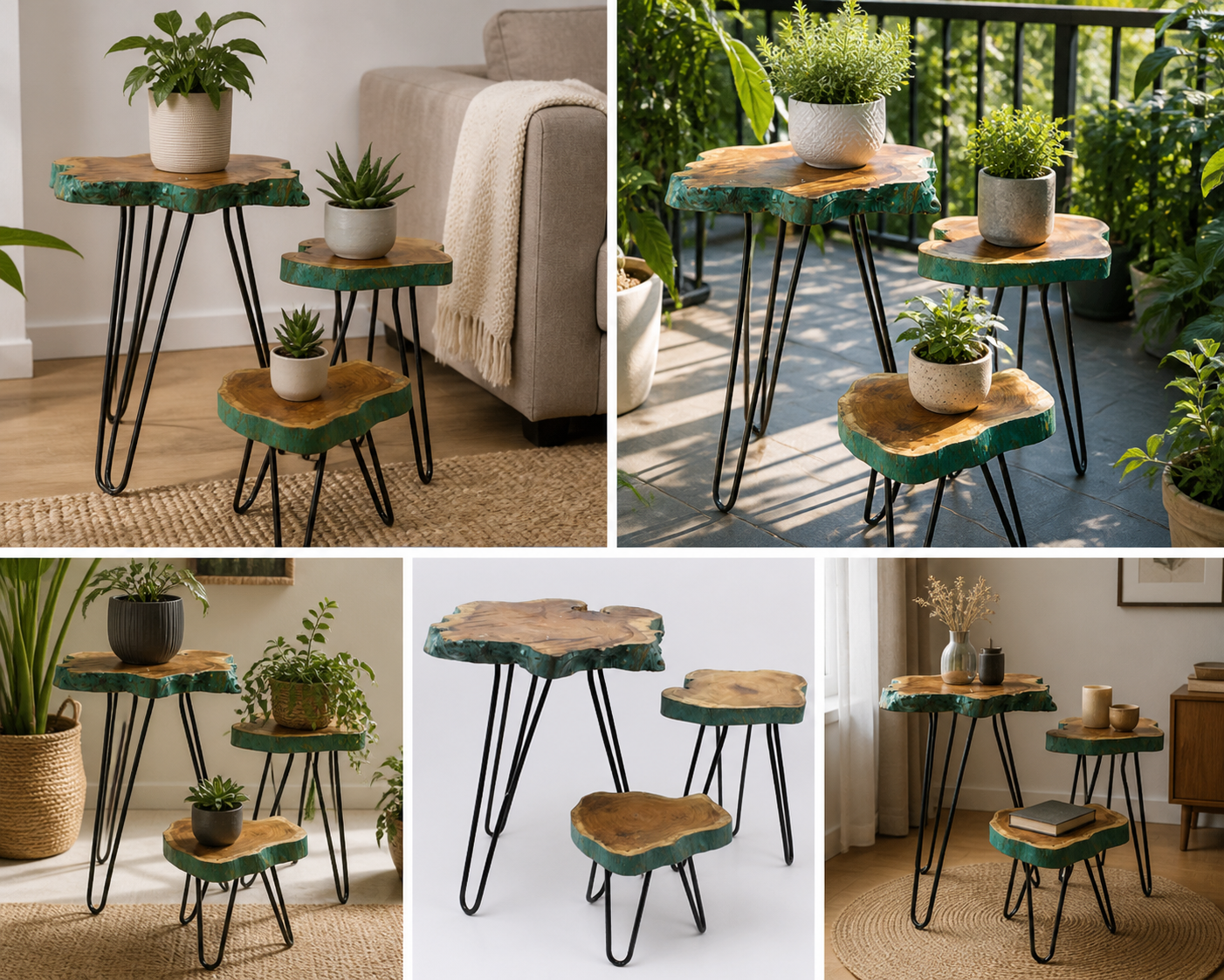 Design Pflanzentisch SET aus massivem Gamel-Holz – Handgefertigt | Naturkante | Indoor & Outdoor
