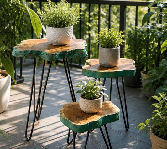 Design Pflanzentisch SET aus massivem Gamel-Holz – Handgefertigt | Naturkante | Indoor & Outdoor