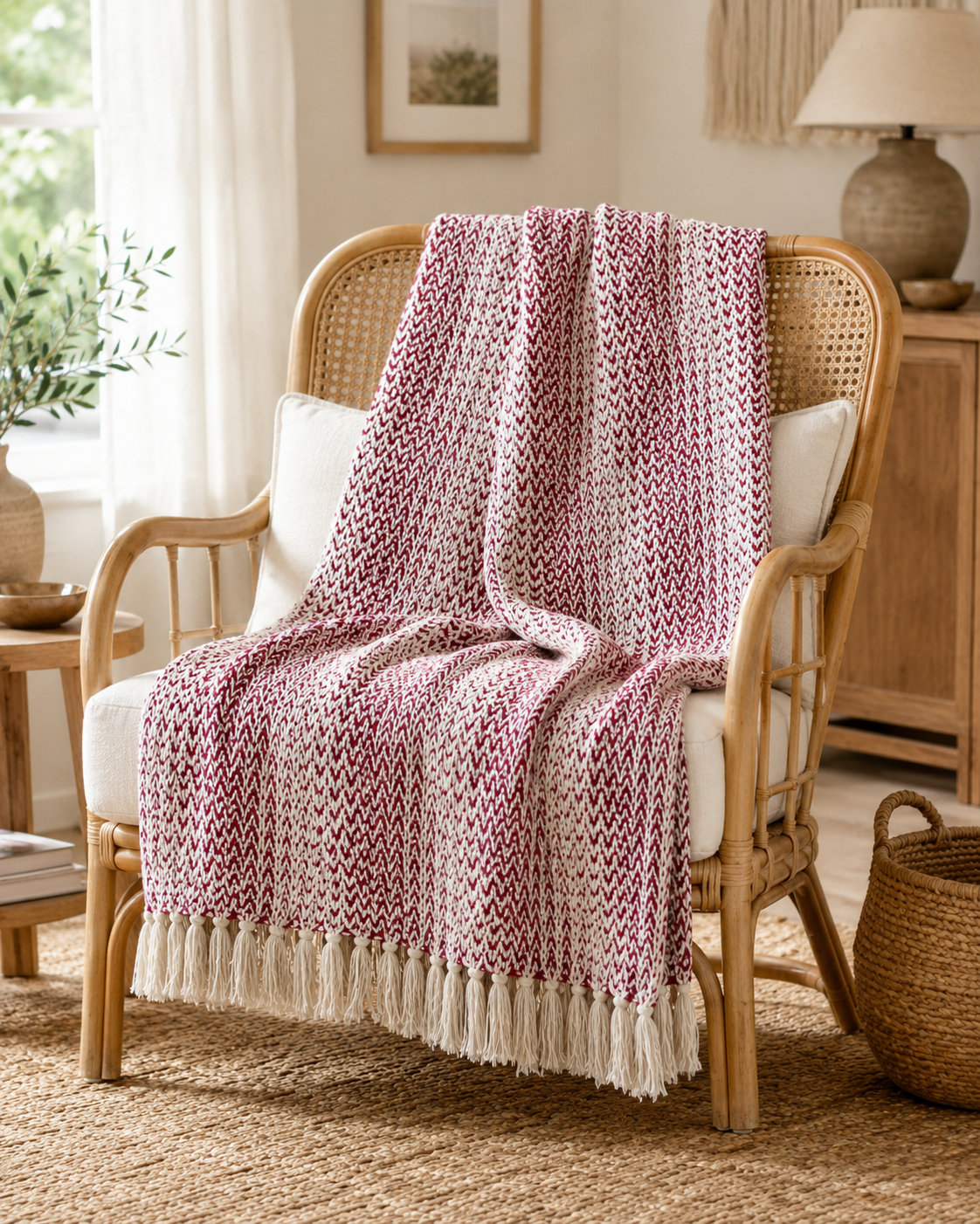 Boho-Überwurf „Rubinrot“, zweifarbig - 100% Baumwolle - 125 x 150 cm