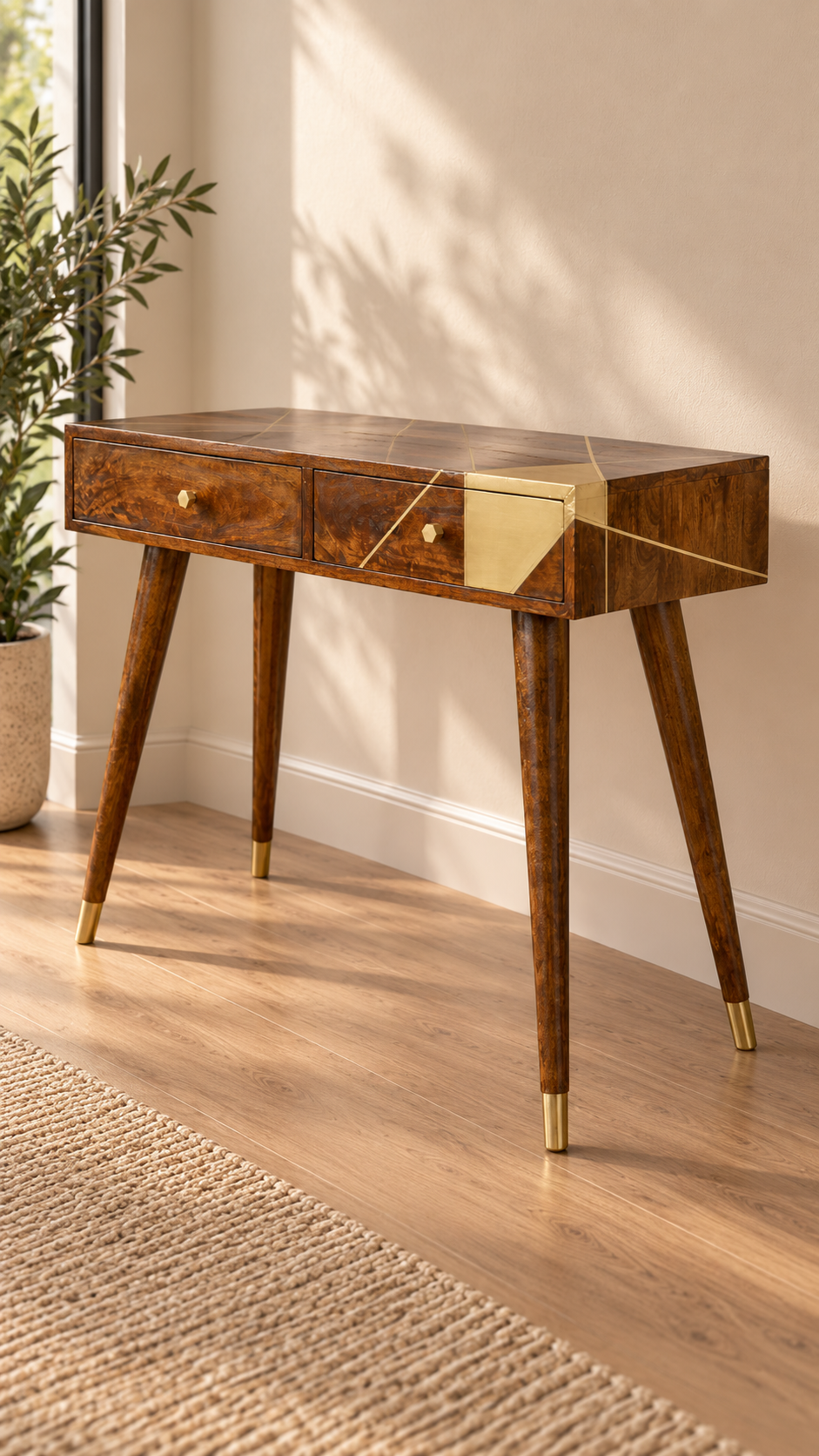 Gold Geo Chestnut Konsolentisch - 100% Massiv Mangoholz & Messing