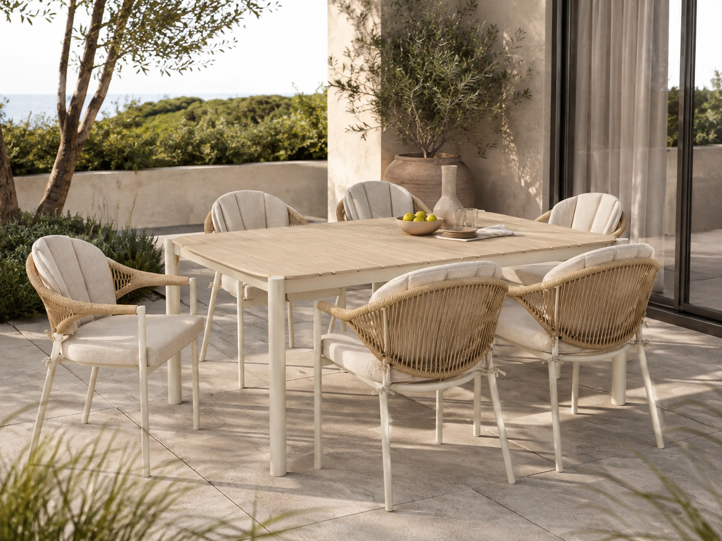 Abela Garten-Essgruppe – 7-teilig | Tisch + 6 Stühle | Sand / Natur