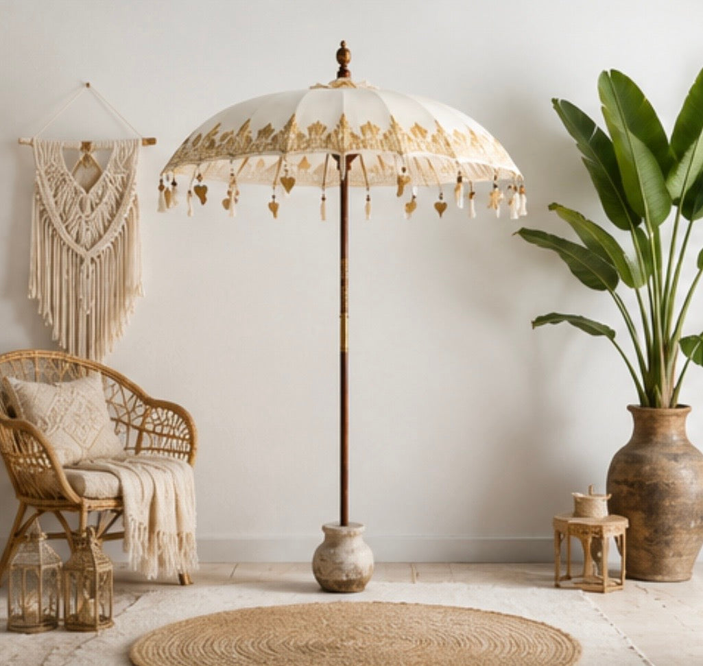 Bali-Terrassenschirm Baumwolle Weiß-Gold (2 m)